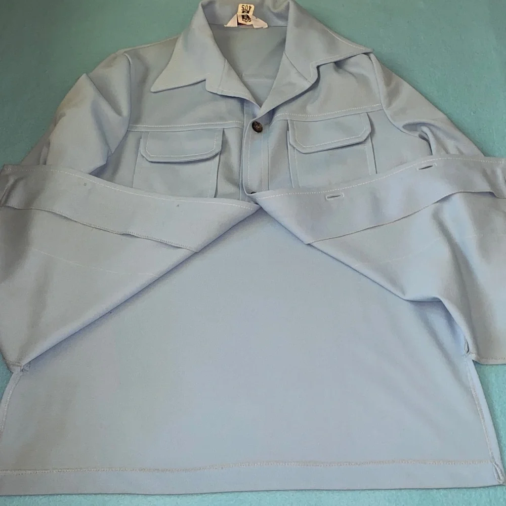 JCPenney 1970’s Flight 1 leisure suit jacket slacks polyester sky blue size 44R